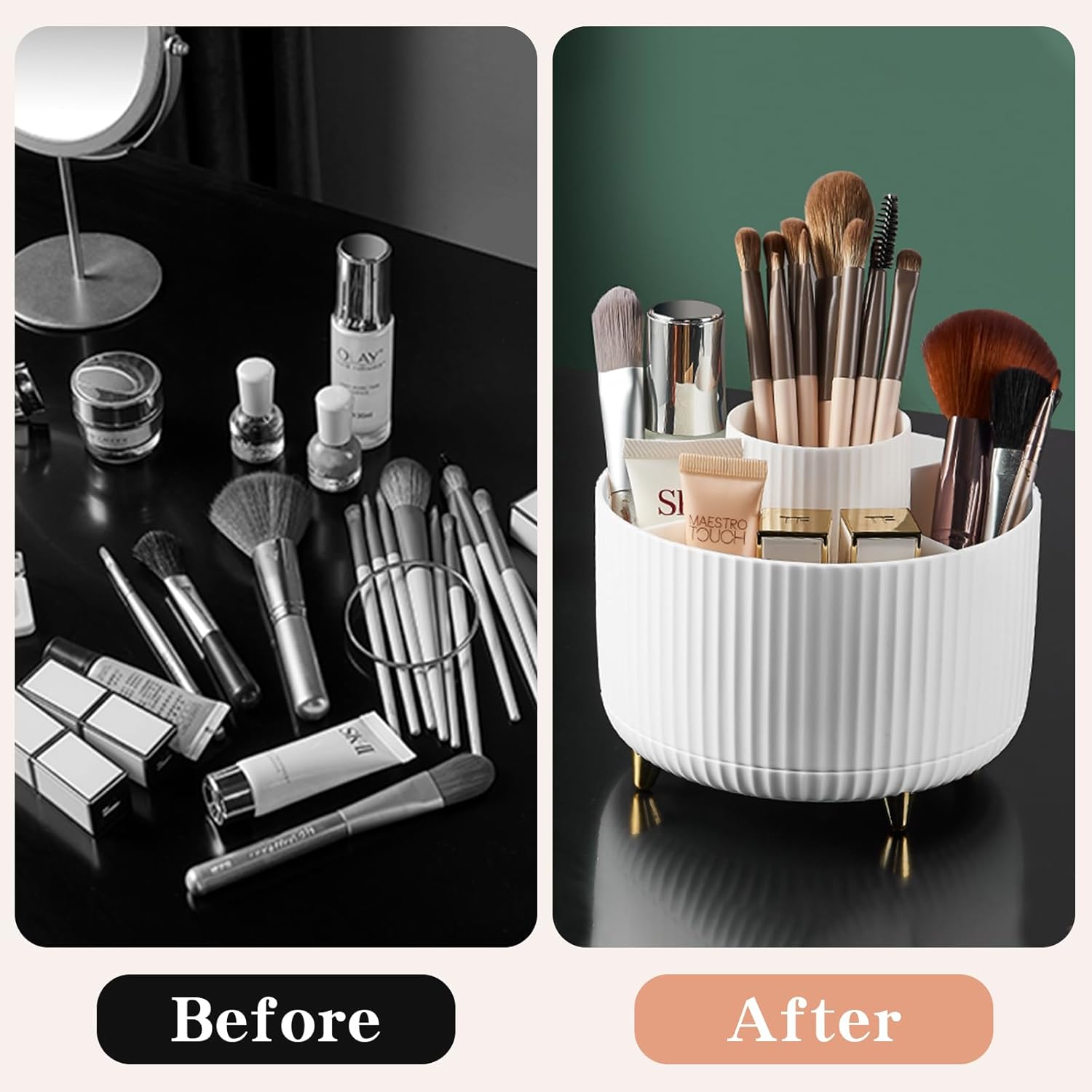 360° Rotating Makeup & Brush Organizer - Dustproof Vanity Storage